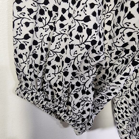 Loft Womens Top Small Floral Long Sleeve Black White Lightweight Tie Keyhole - Picture 6 of 9